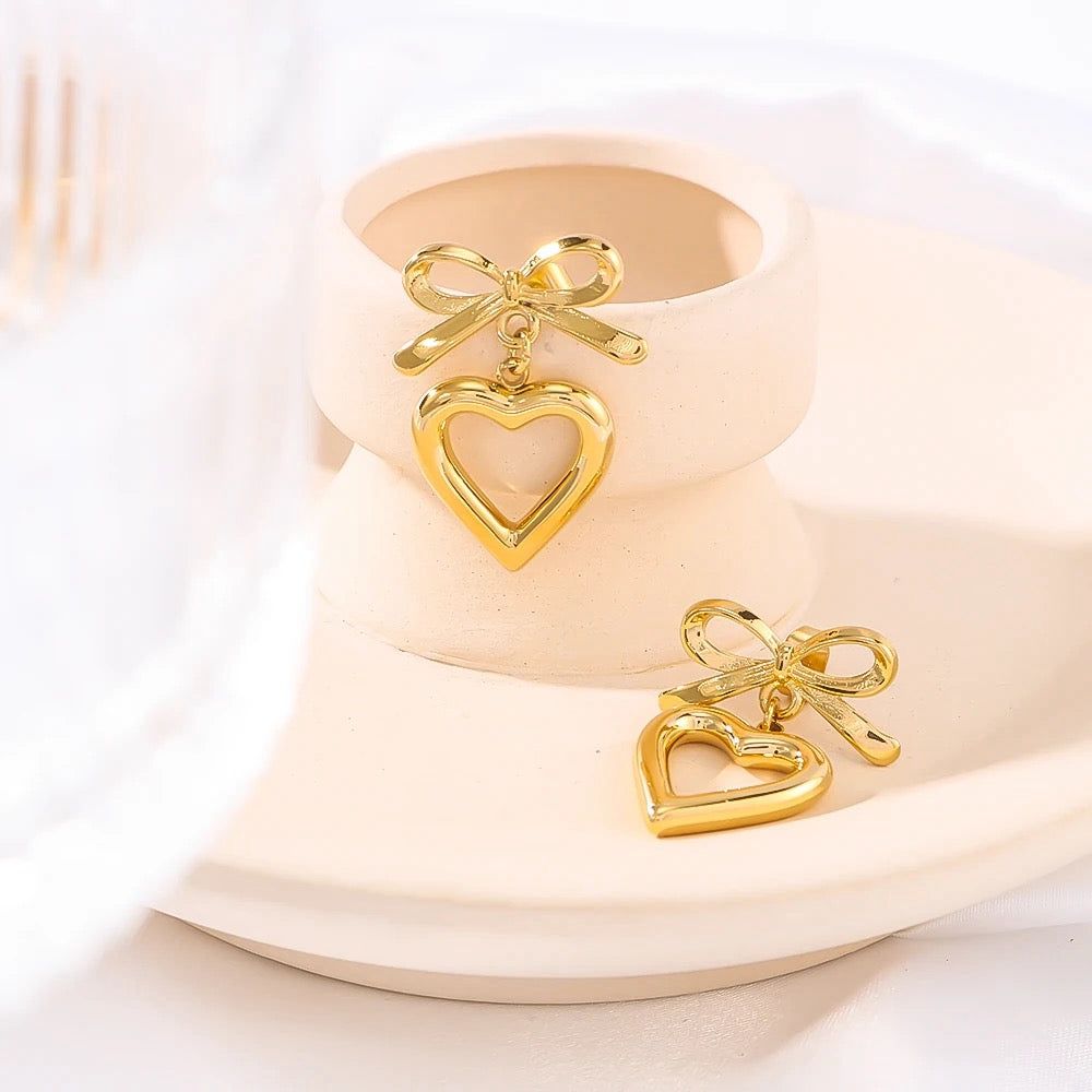 Bow Heart Drop Earrings – 18K Gold Plated Stainless Steel | AAS Collection